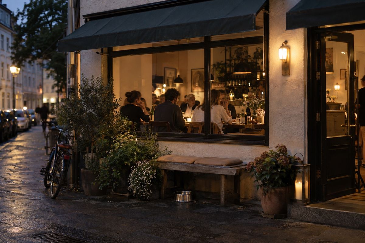Kleines Eckrestaurant in der Abenddämmerung: Durch das große Fenster unter der Markise sieht man Gäste an gedeckten Tischen, davor stehen eine Holzbank, Pflanzkübel, eine Laterne und ein Fahrrad auf dem nassen Pflaster
