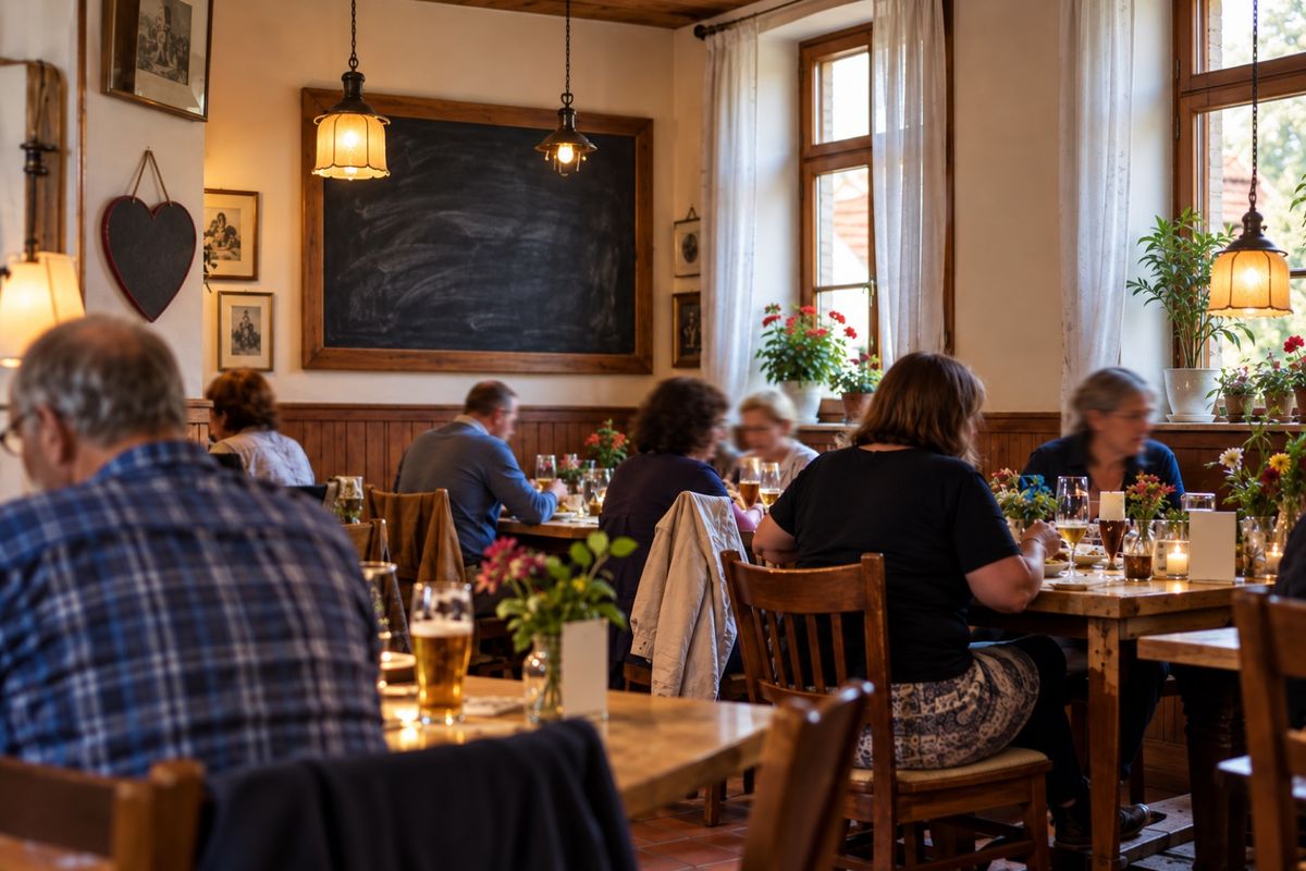 Gut besuchter Gastraum am Mittag mit Holztischen, Hängelampen, Blumen auf den Tischen und einer großen Kreidetafel an der Wand