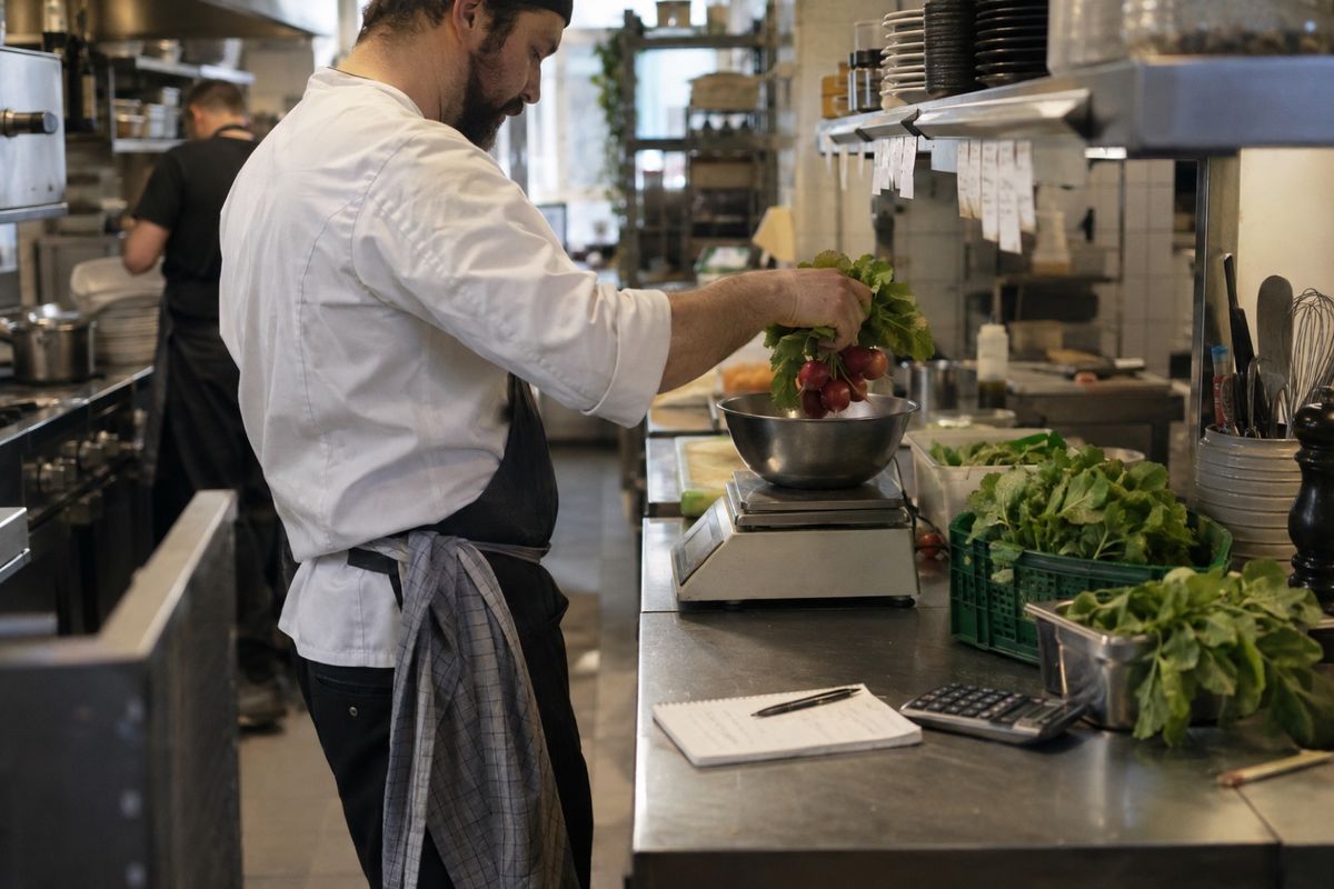 Koch in weißer Jacke legt in einer Restaurantküche Radieschen in die Schüssel einer Küchenwaage, auf der Edelstahlarbeitsfläche liegen Notizblock, Stift und Taschenrechner neben Kisten mit Blattgemüse