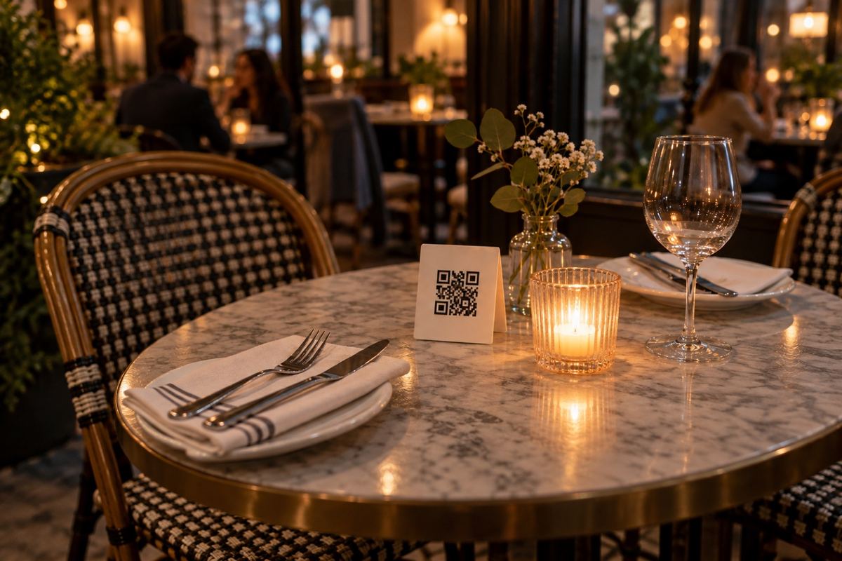 Gedeckter Marmortisch in einem Bistro bei Kerzenlicht, zwischen Teller, Windlicht und Weinglas steht ein kleiner Aufsteller mit QR-Code